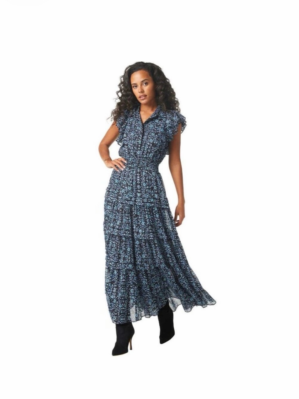 Misa Los Angeles Navy and Light Blue Floral Maxi Dress